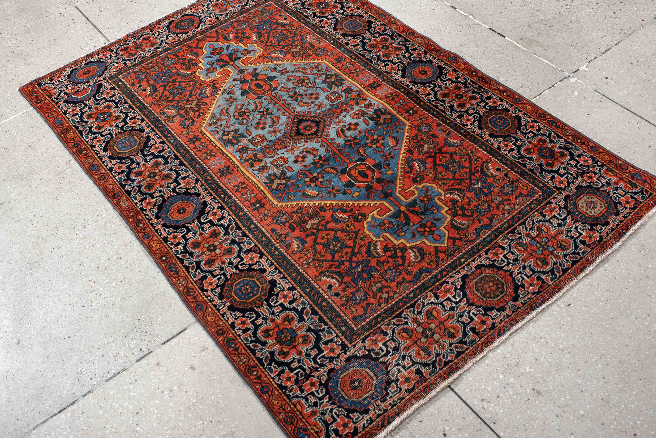 3' x 5' one-of-a-kind handmade vintage Far.Sarouk small size rug. Color palette: red, navy, sky_blue, ivory, rust, cobalt