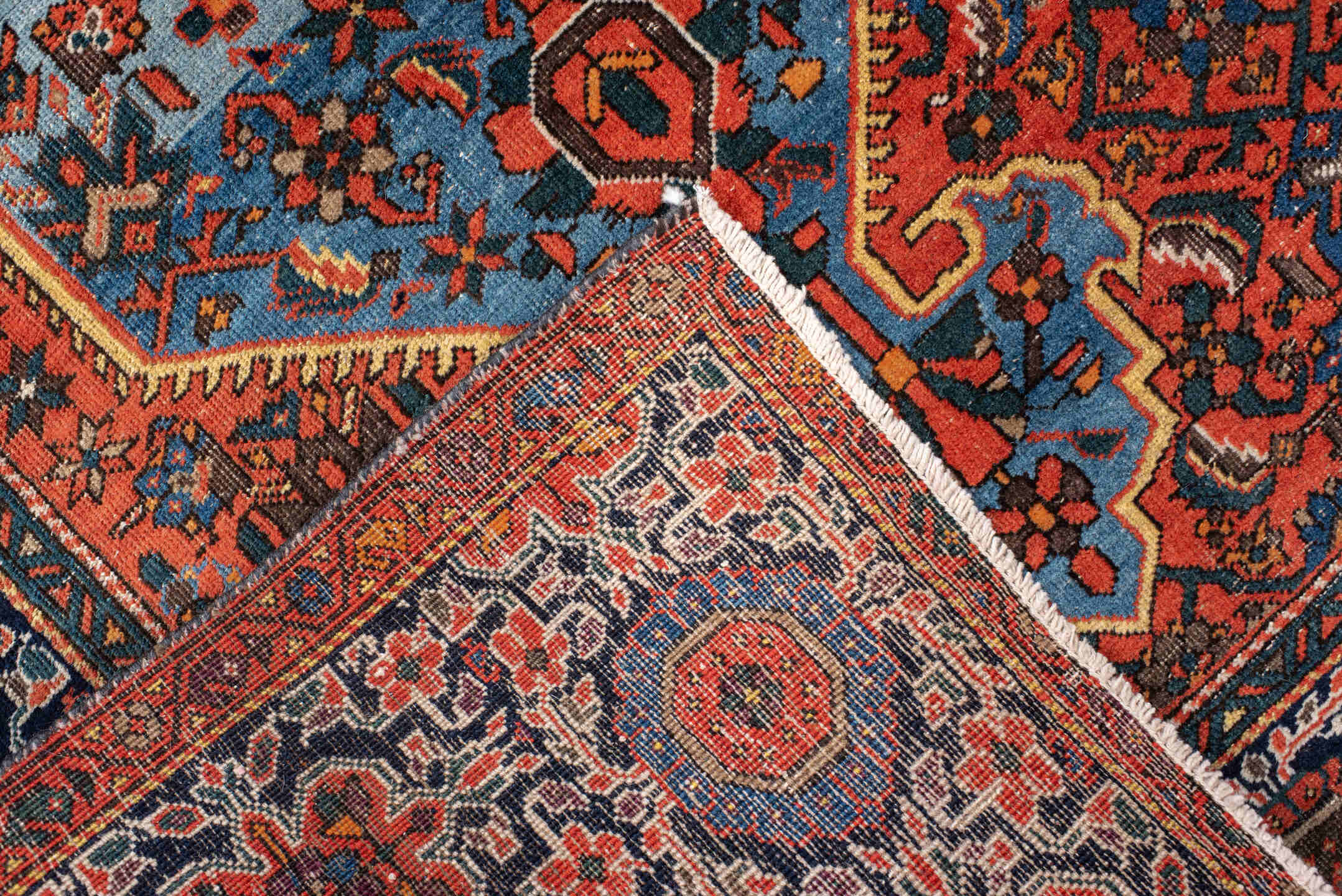 3' x 5' one-of-a-kind handmade vintage Far.Sarouk small size rug. Color palette: red, navy, sky_blue, ivory, rust, cobalt