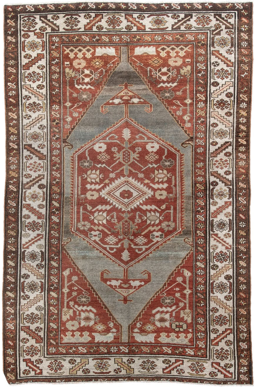 4' x 6' one-of-a-kind handmade vintage Malayer small size rug. Color palette: rust, ivory, gray, brown, terracotta, taupe