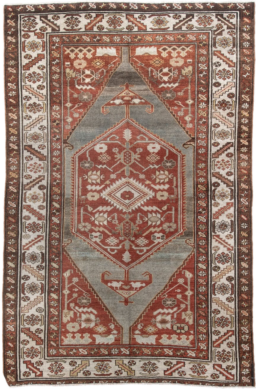 4' x 6' one-of-a-kind handmade vintage Malayer small size rug. Color palette: rust, ivory, gray, brown, terracotta, taupe