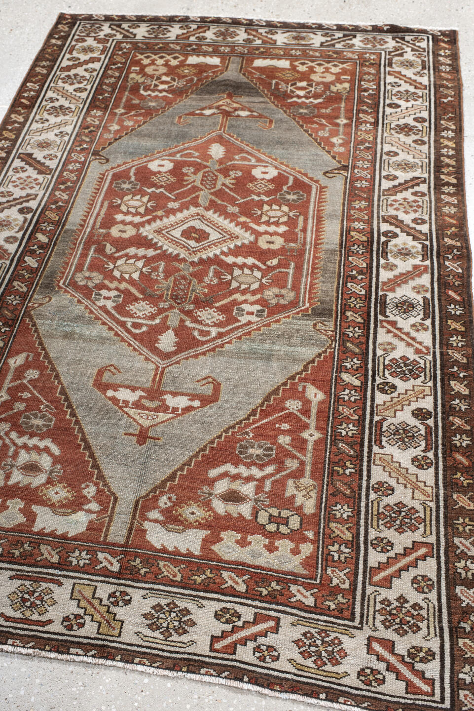 4' x 6' one-of-a-kind handmade vintage Malayer small size rug. Color palette: rust, ivory, gray, brown, terracotta, taupe