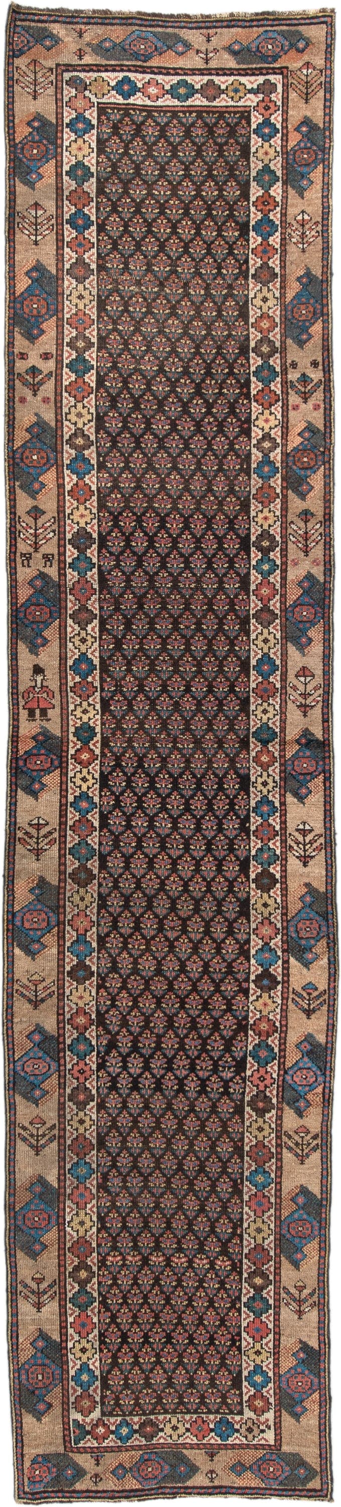 2' x 11' one-of-a-kind handmade vintage NW Persian runner rug. Color palette: navy, ivory, rust, blue, camel, rose, charcoal