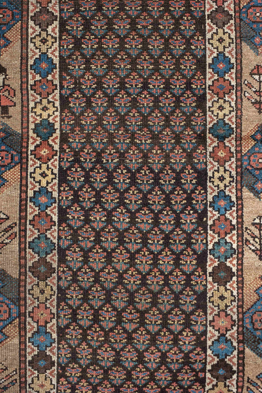 2' x 11' one-of-a-kind handmade vintage NW Persian runner rug. Color palette: navy, ivory, rust, blue, camel, rose, charcoal