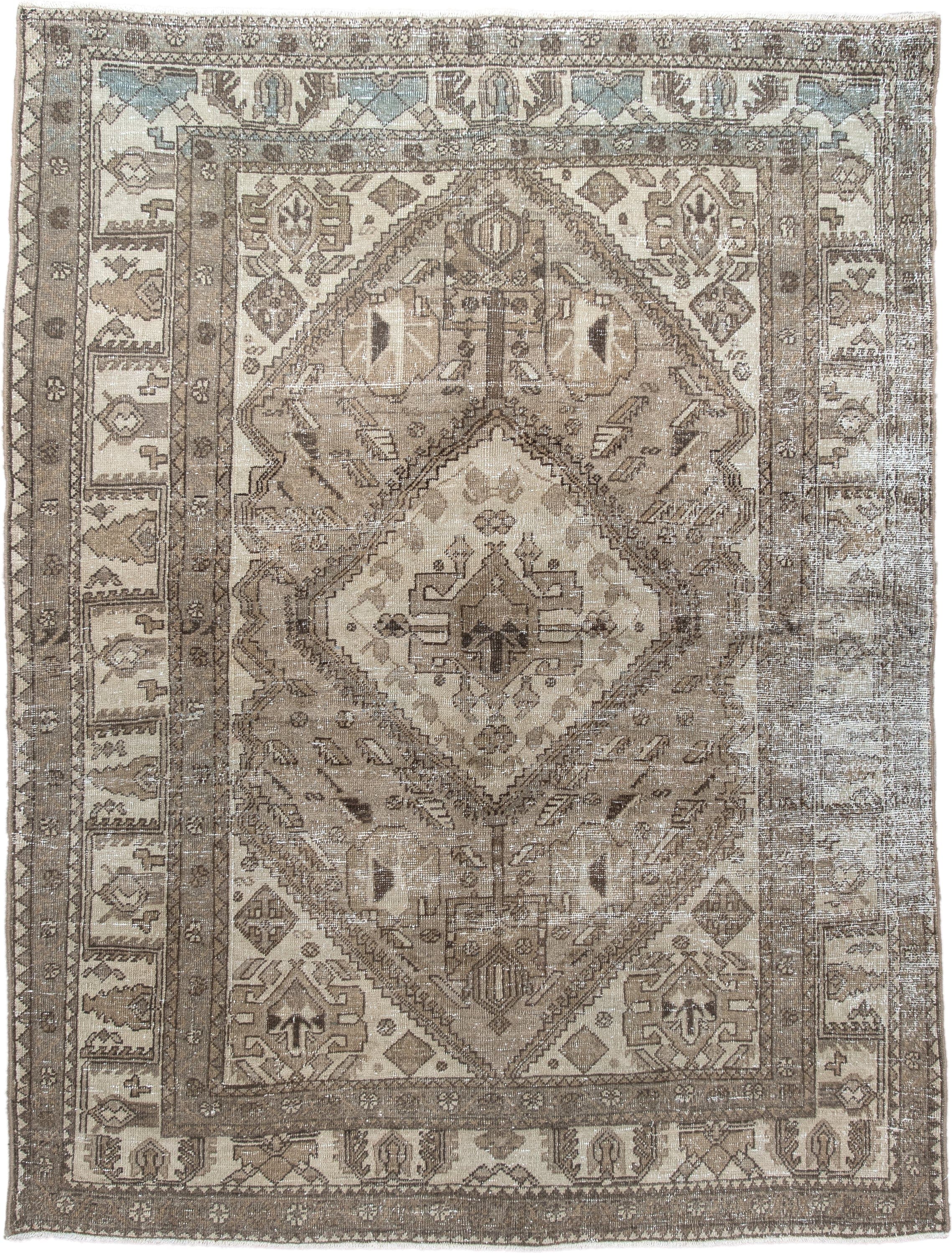 5' x 6' one-of-a-kind handmade vintage Sarab rug. Color palette: ivory, taupe, brown, camel, pale_blue, beige, gray