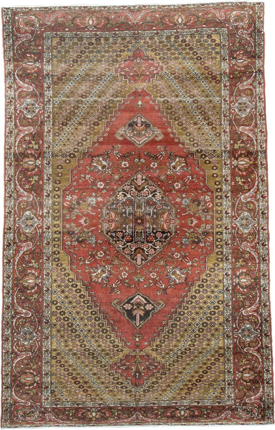 4' x 6' one-of-a-kind handmade vintage Baktiary small size rug. Color palette: rust, gold, ivory, charcoal, rose, olive