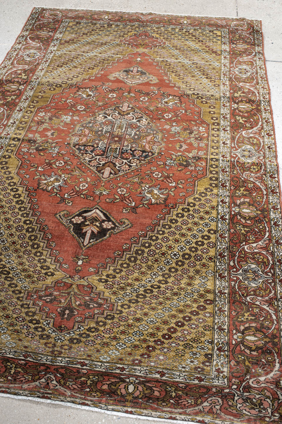 4' x 6' one-of-a-kind handmade vintage Baktiary small size rug. Color palette: rust, gold, ivory, charcoal, rose, olive