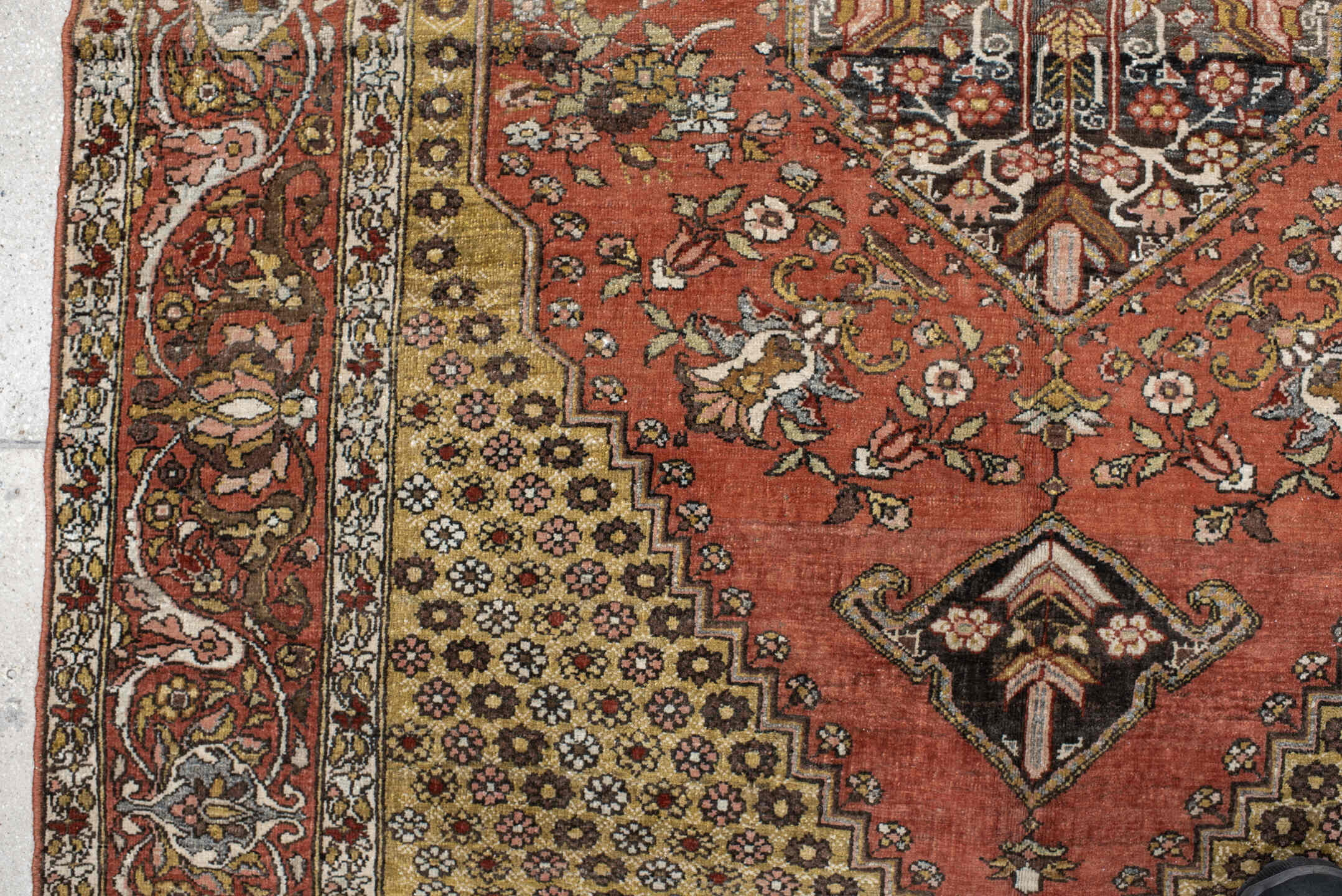 4' x 6' one-of-a-kind handmade vintage Baktiary small size rug. Color palette: rust, gold, ivory, charcoal, rose, olive