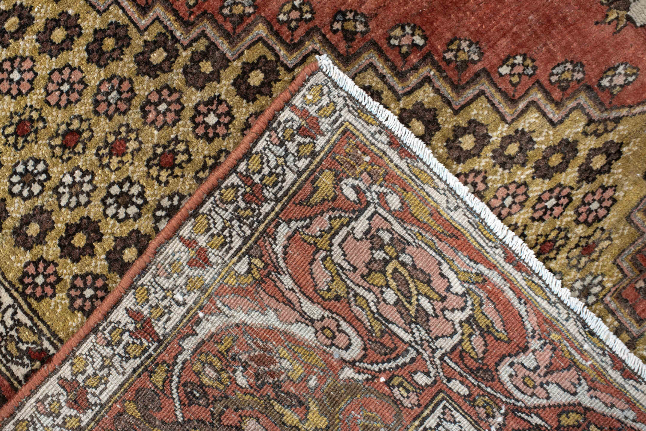 4' x 6' one-of-a-kind handmade vintage Baktiary small size rug. Color palette: rust, gold, ivory, charcoal, rose, olive