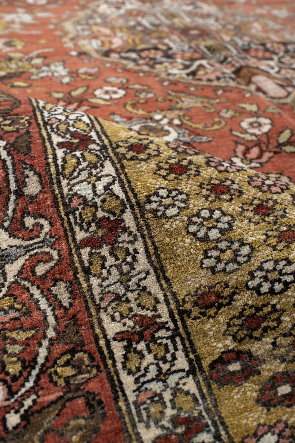 4' x 6' one-of-a-kind handmade vintage Baktiary small size rug. Color palette: rust, gold, ivory, charcoal, rose, olive