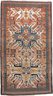 3' x 6' one-of-a-kind handmade vintage Kazak small size rug. Color palette: terra cotta, ivory, sky blue, navy, gold, brown