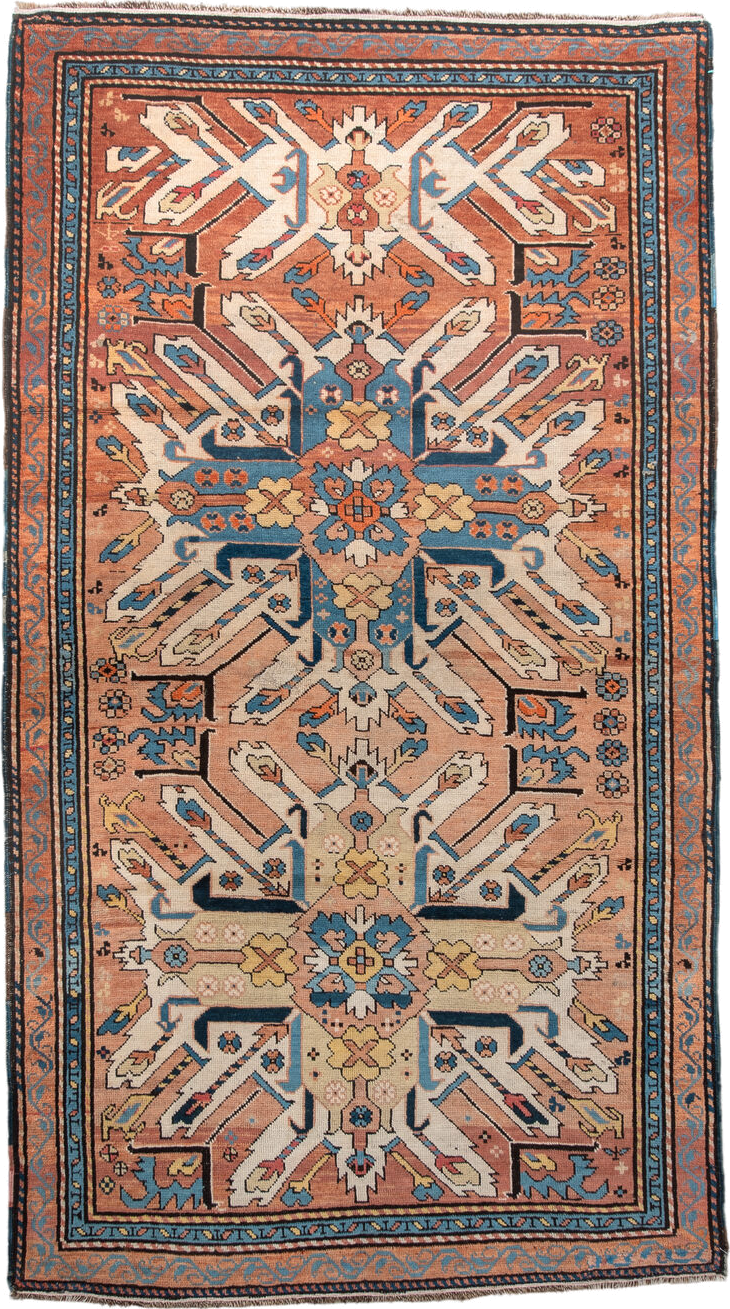 3' x 6' one-of-a-kind handmade vintage Kazak small size rug. Color palette: terra cotta, ivory, sky blue, navy, gold, brown