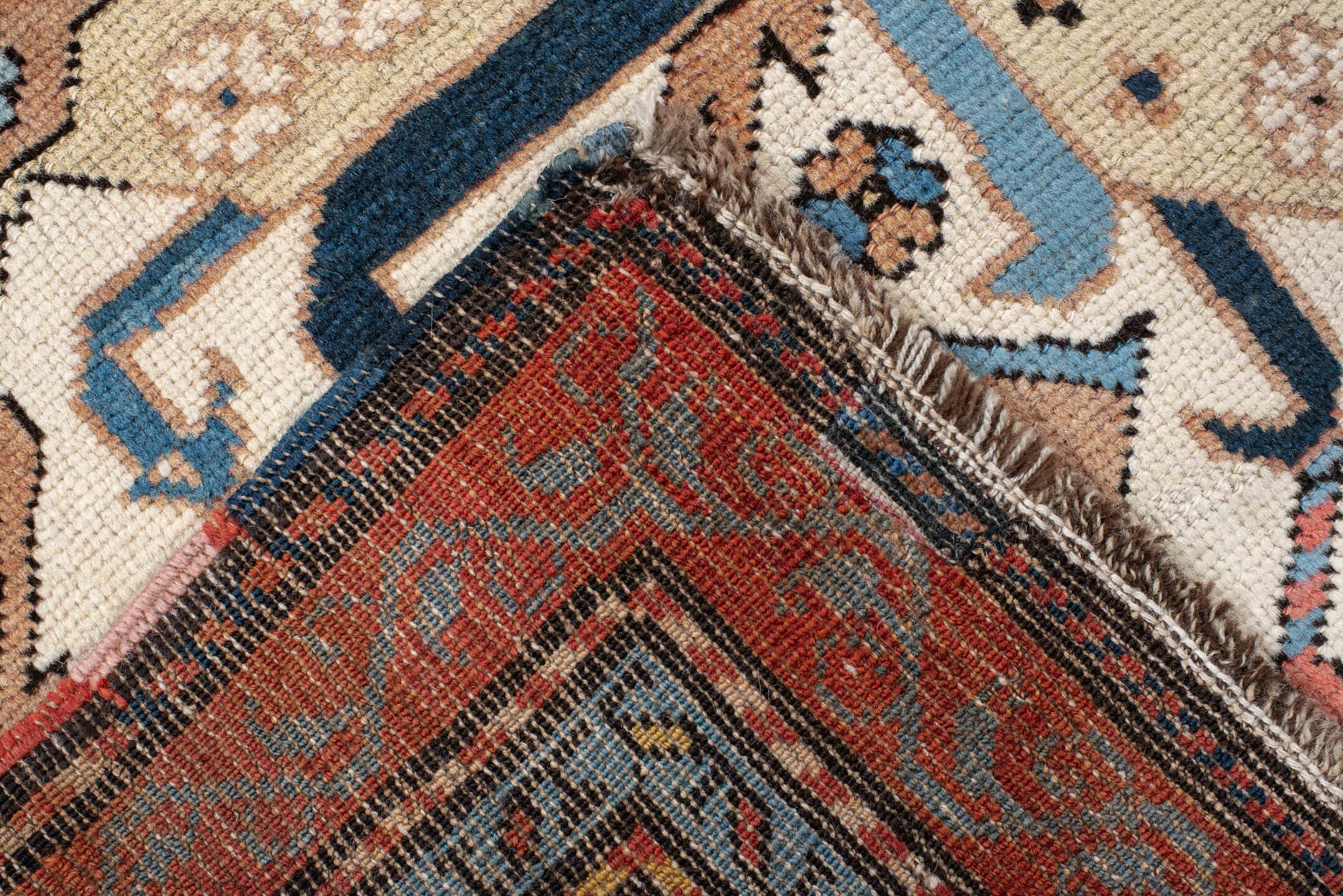 3' x 6' one-of-a-kind handmade vintage Kazak small size rug. Color palette: terra cotta, ivory, sky blue, navy, gold, brown