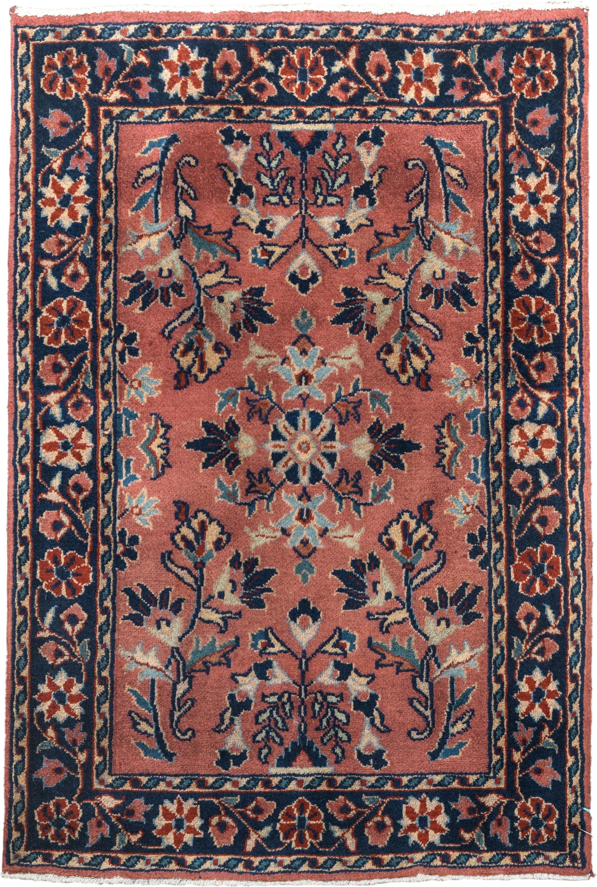 2' x 3' one-of-a-kind handmade vintage Sarouk small size rug. Color palette: rose, navy, ivory, rust, sky_blue, sienna, pink