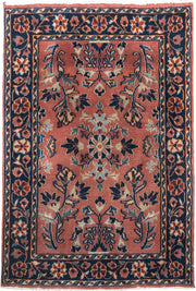 2' x 3' one-of-a-kind handmade vintage Sarouk small size rug. Color palette: rose, navy, ivory, rust, sky_blue, sienna, pink