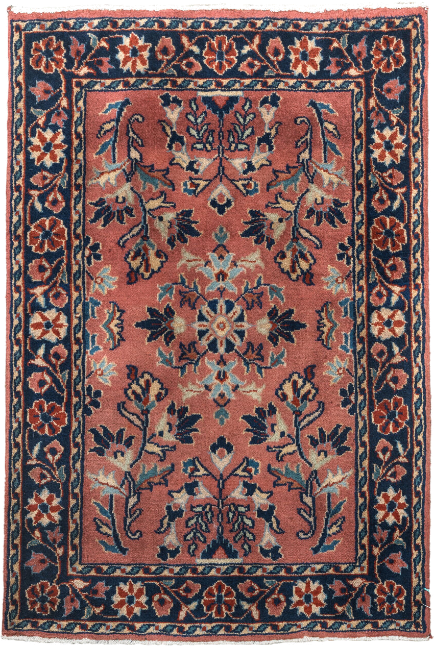 2' x 3' one-of-a-kind handmade vintage Sarouk small size rug. Color palette: rose, navy, ivory, rust, sky_blue, sienna, pink