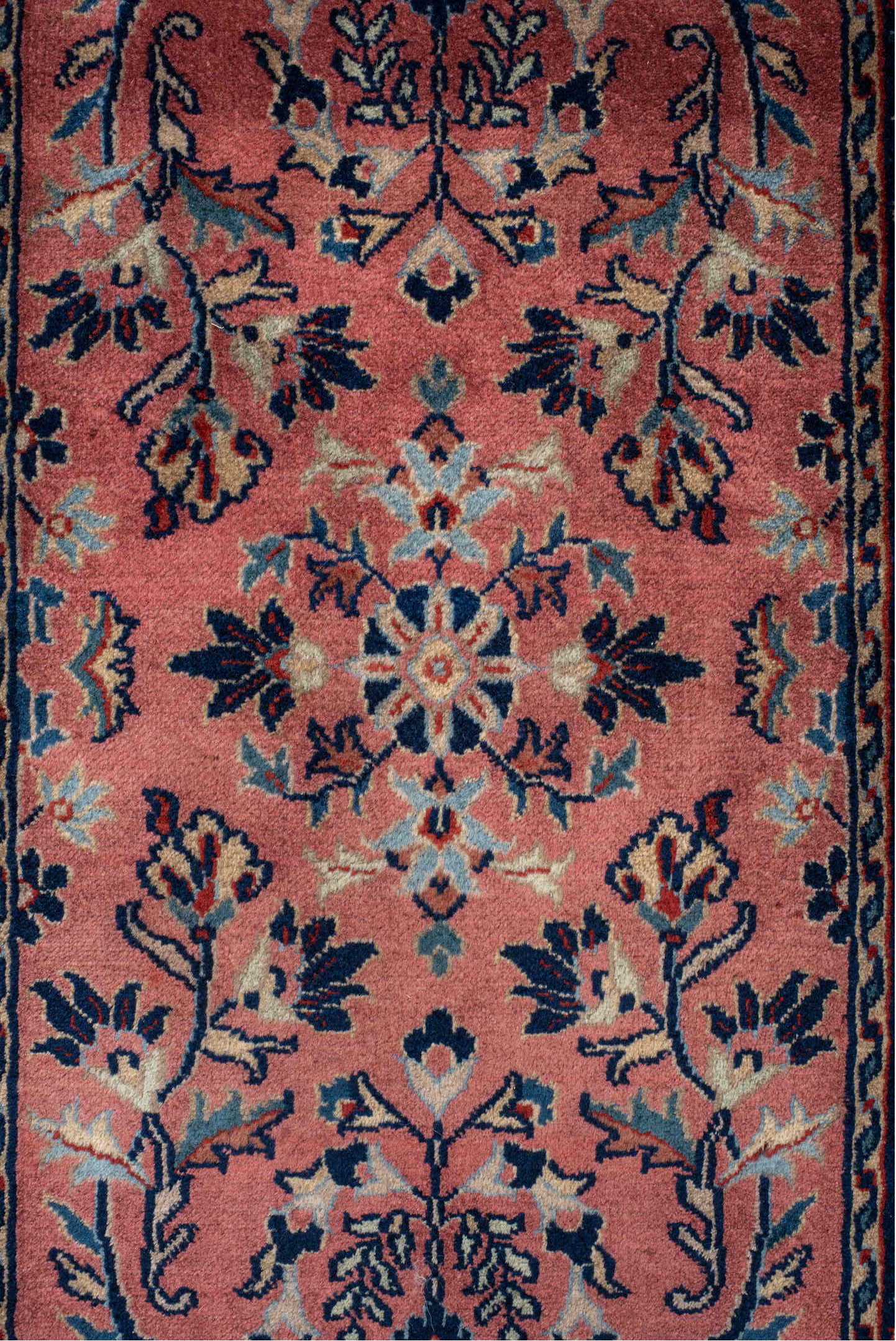 2' x 3' one-of-a-kind handmade vintage Sarouk small size rug. Color palette: blue, brown, gray, off-white, orange, pink, red