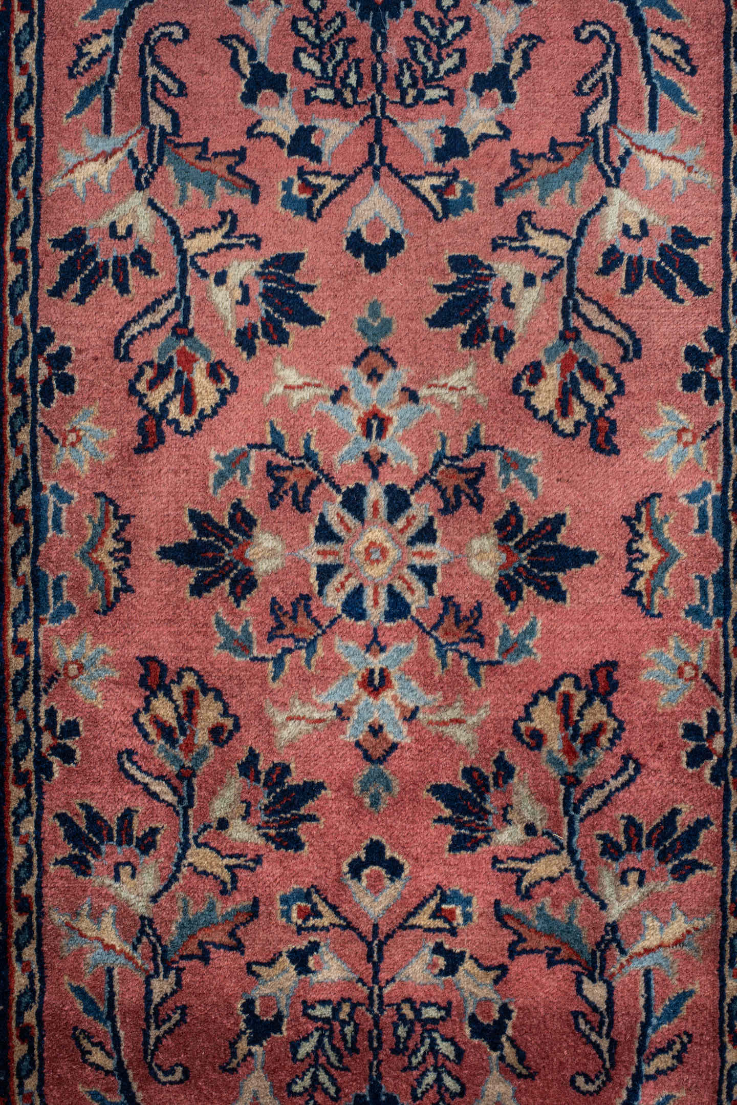 2' x 3' one-of-a-kind handmade vintage Sarouk small size rug. Color palette: rose, navy, ivory, rust, sky_blue, sienna, pink