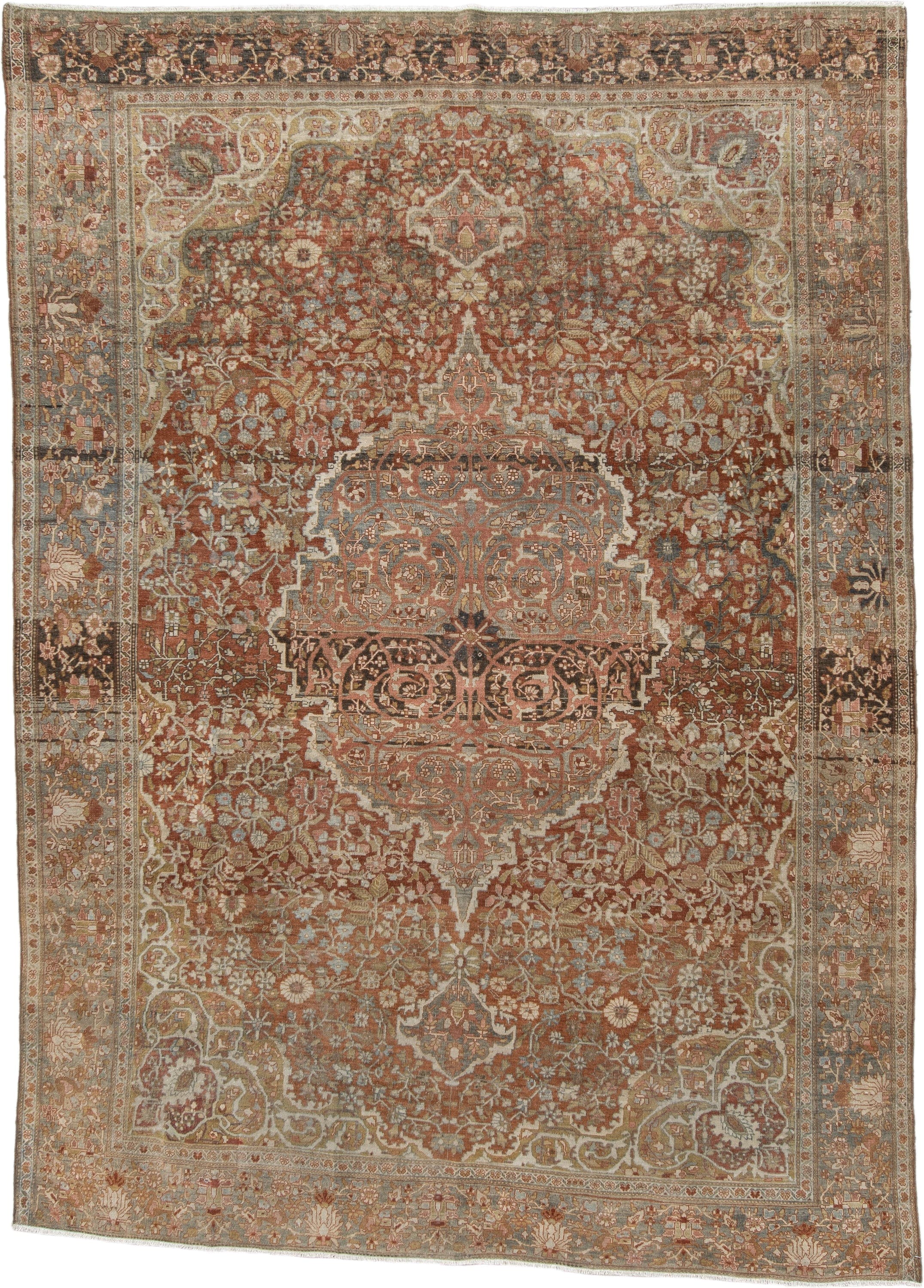 7' x 9' one-of-a-kind handmade antique Far.Sarouk rug. Color palette: rust, terracotta, ivory, slate, taupe, camel, charcoal