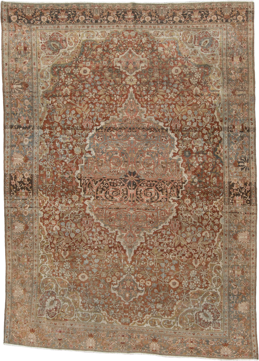7' x 9' one-of-a-kind handmade antique Far.Sarouk rug. Color palette: rust, terracotta, ivory, slate, taupe, camel, charcoal