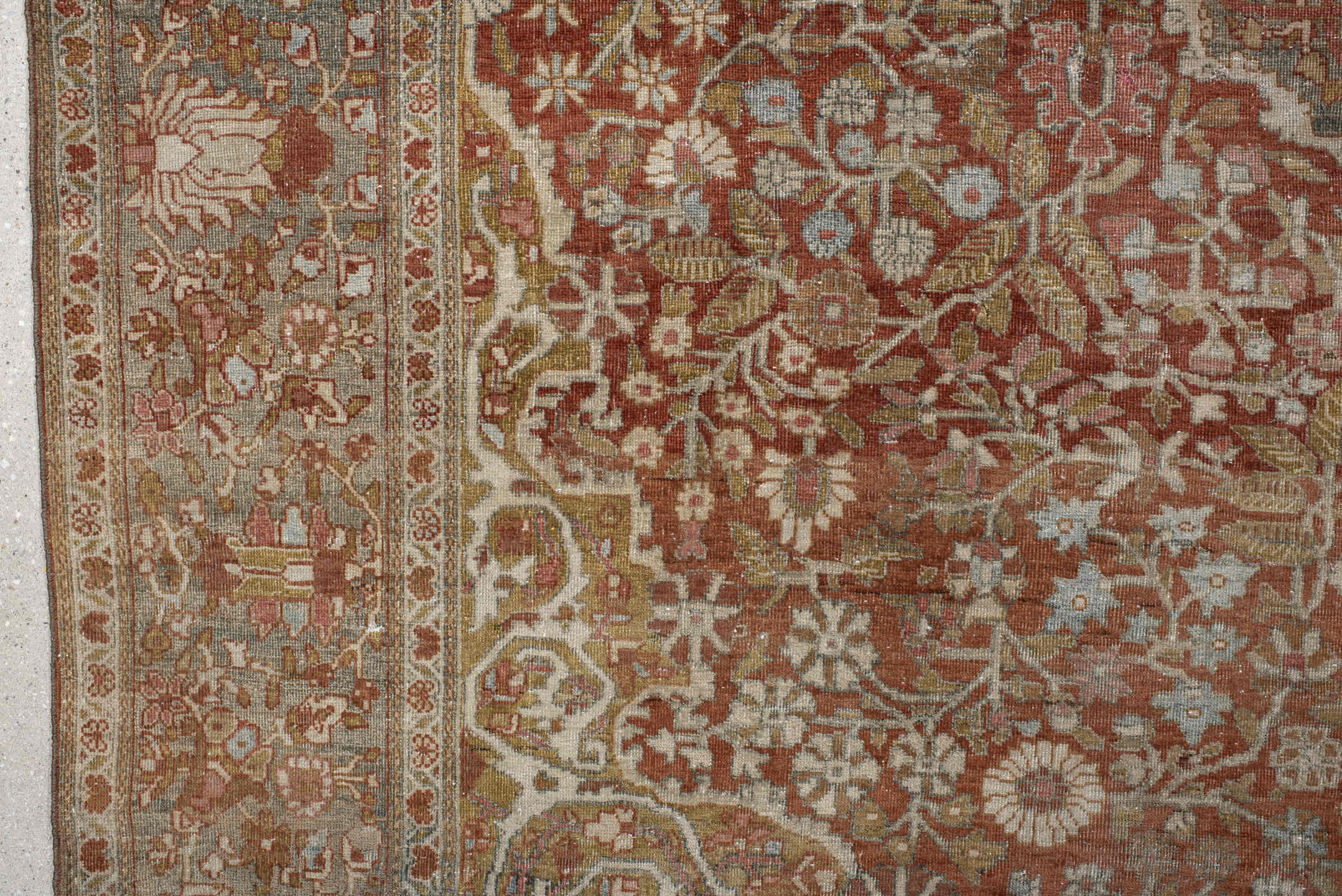 7' x 9' one-of-a-kind handmade antique Far.Sarouk rug. Color palette: rust, terracotta, ivory, slate, taupe, camel, charcoal
