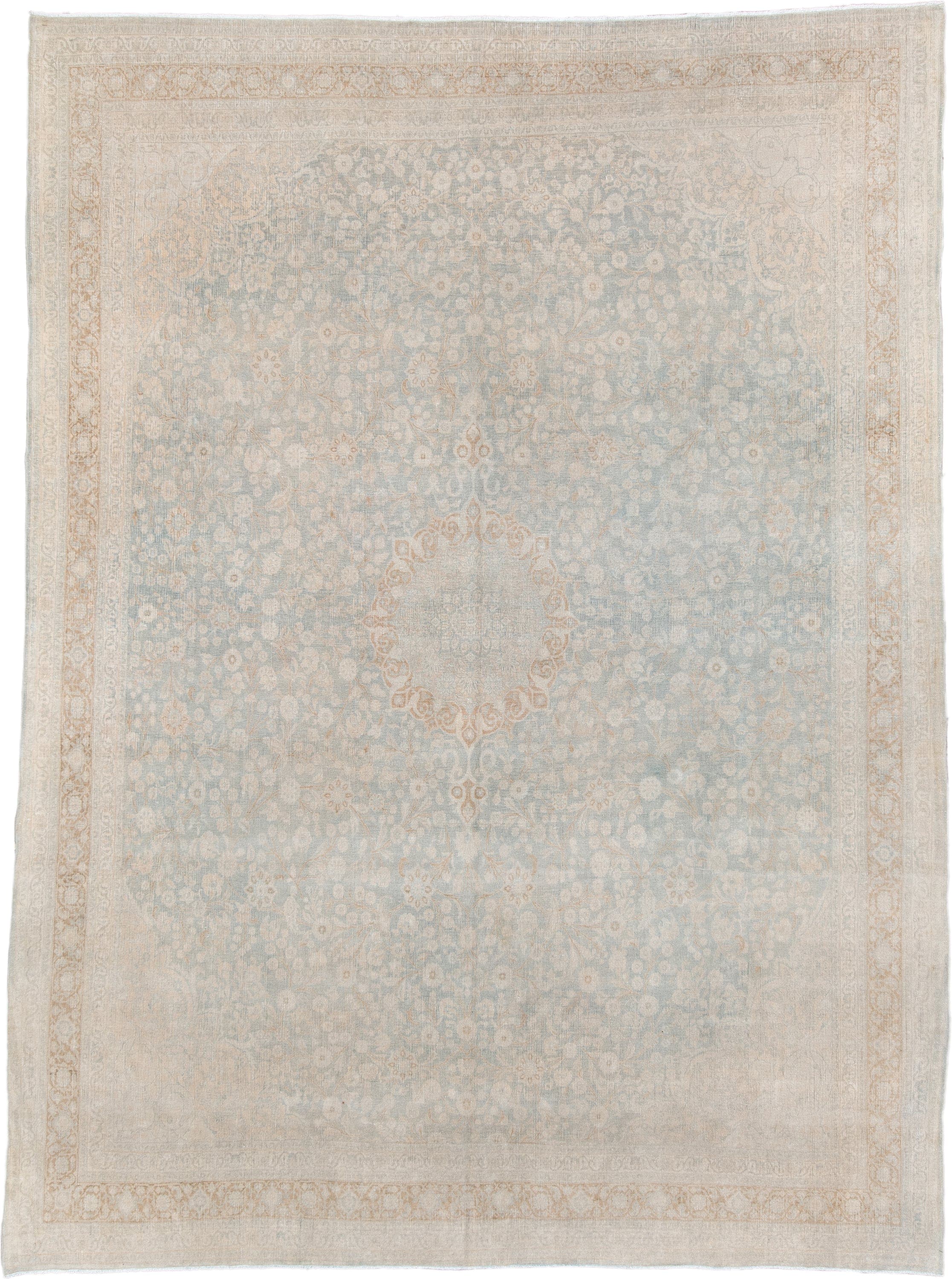 9' x 12' one-of-a-kind handmade antique Tabriz large size rug. Color palette: ivory, pale blue, beige, cream, taupe