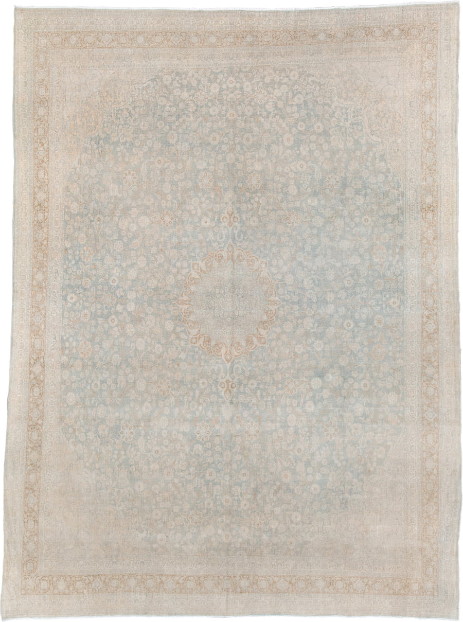 9' x 12' one-of-a-kind handmade antique Tabriz large size rug. Color palette: ivory, pale blue, beige, cream, taupe