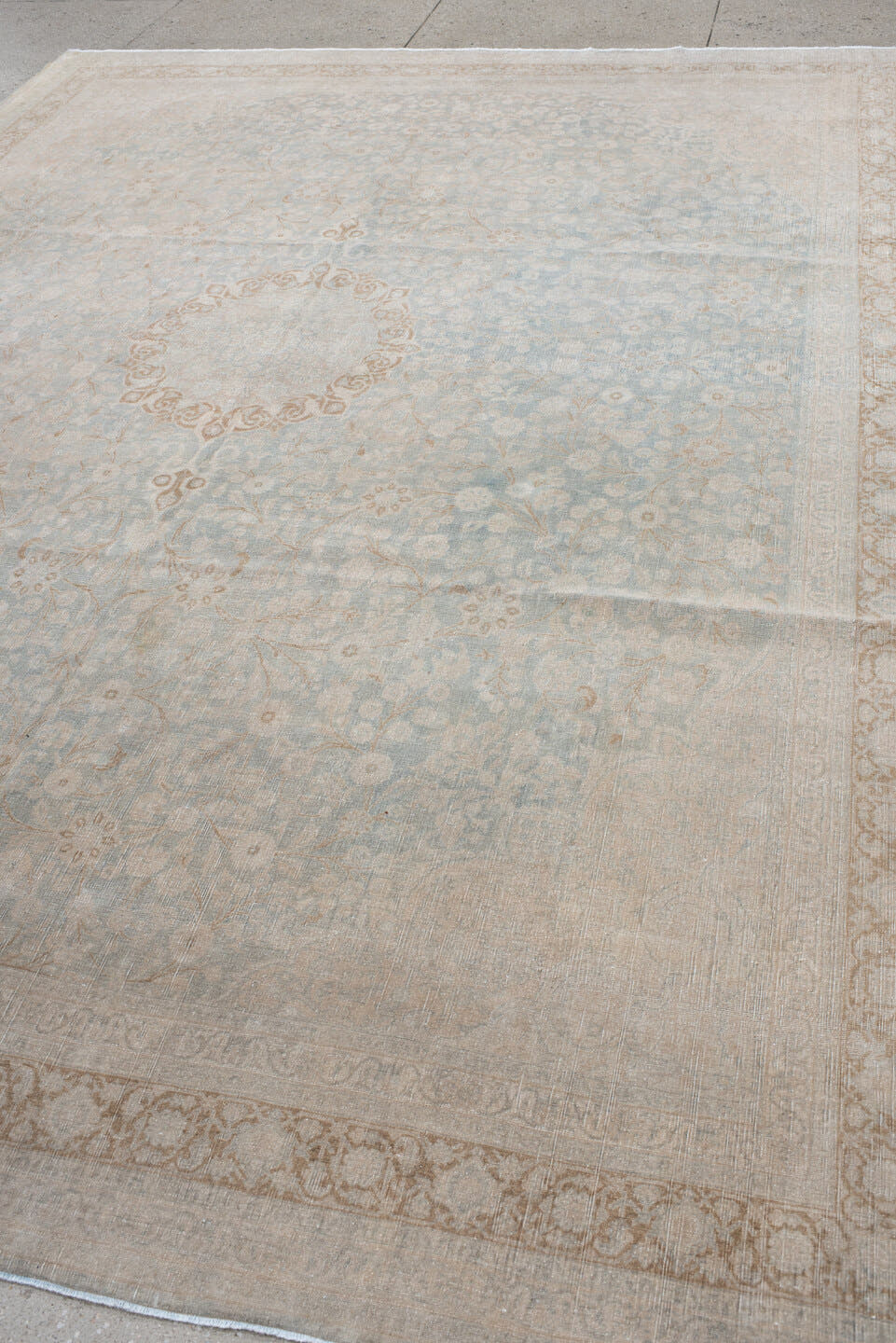 9' x 12' one-of-a-kind handmade antique Tabriz large size rug. Color palette: ivory, pale blue, beige, cream, taupe
