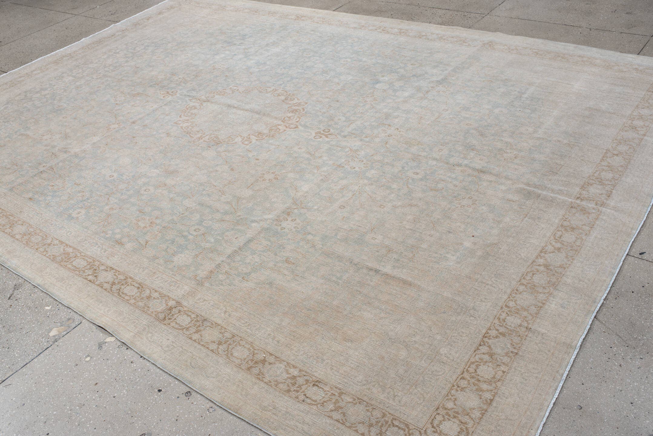 9' x 12' one-of-a-kind handmade antique Tabriz large size rug. Color palette: ivory, pale blue, beige, cream, taupe