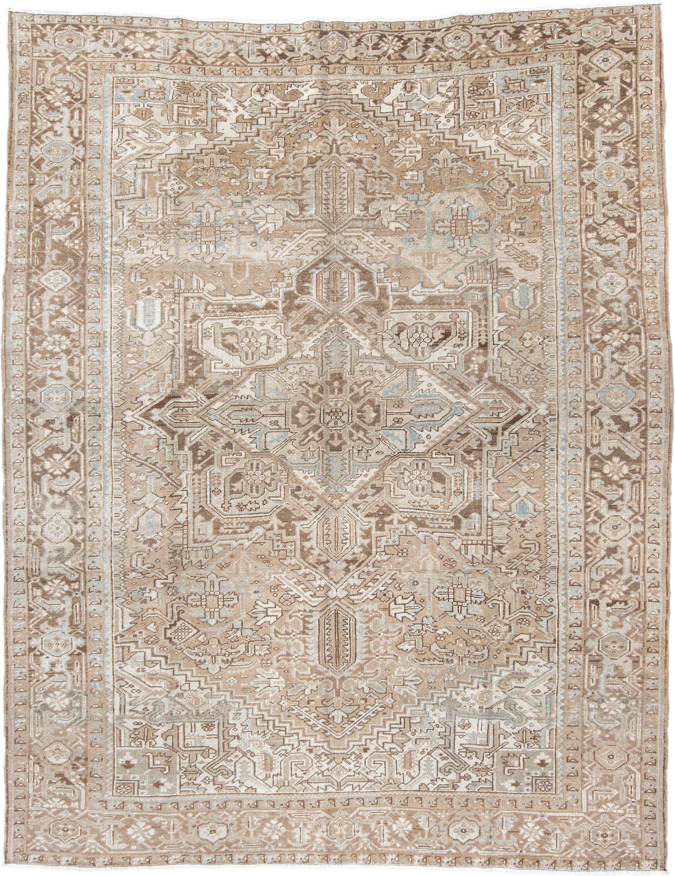 8' x 10' one-of-a-kind handmade vintage Heriz large size rug. Color palette: taupe, ivory, beige, brown, pale blue, gray