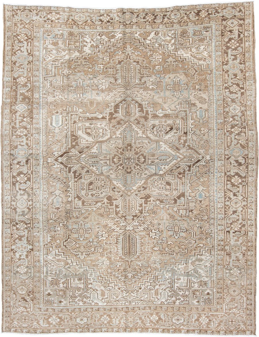 8' x 10' one-of-a-kind handmade vintage Heriz large size rug. Color palette: taupe, ivory, beige, brown, pale blue, gray