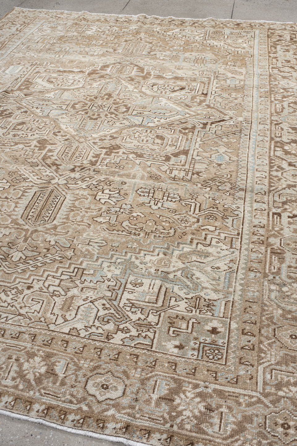 8' x 10' one-of-a-kind handmade vintage Heriz large size rug. Color palette: taupe, ivory, beige, brown, pale blue, gray