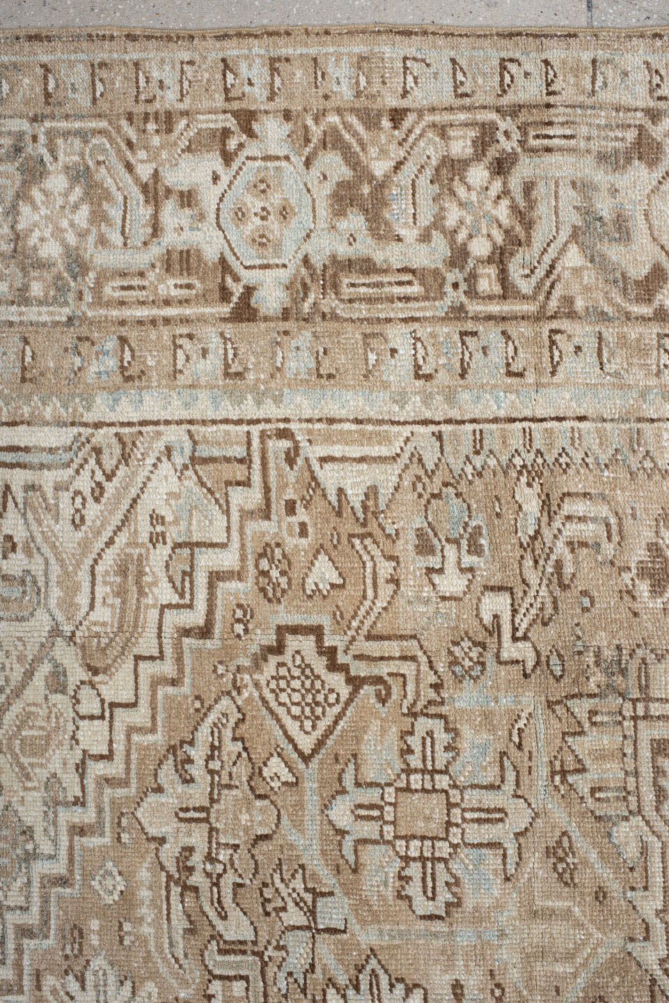 8' x 10' one-of-a-kind handmade vintage Heriz large size rug. Color palette: taupe, ivory, beige, brown, pale blue, gray