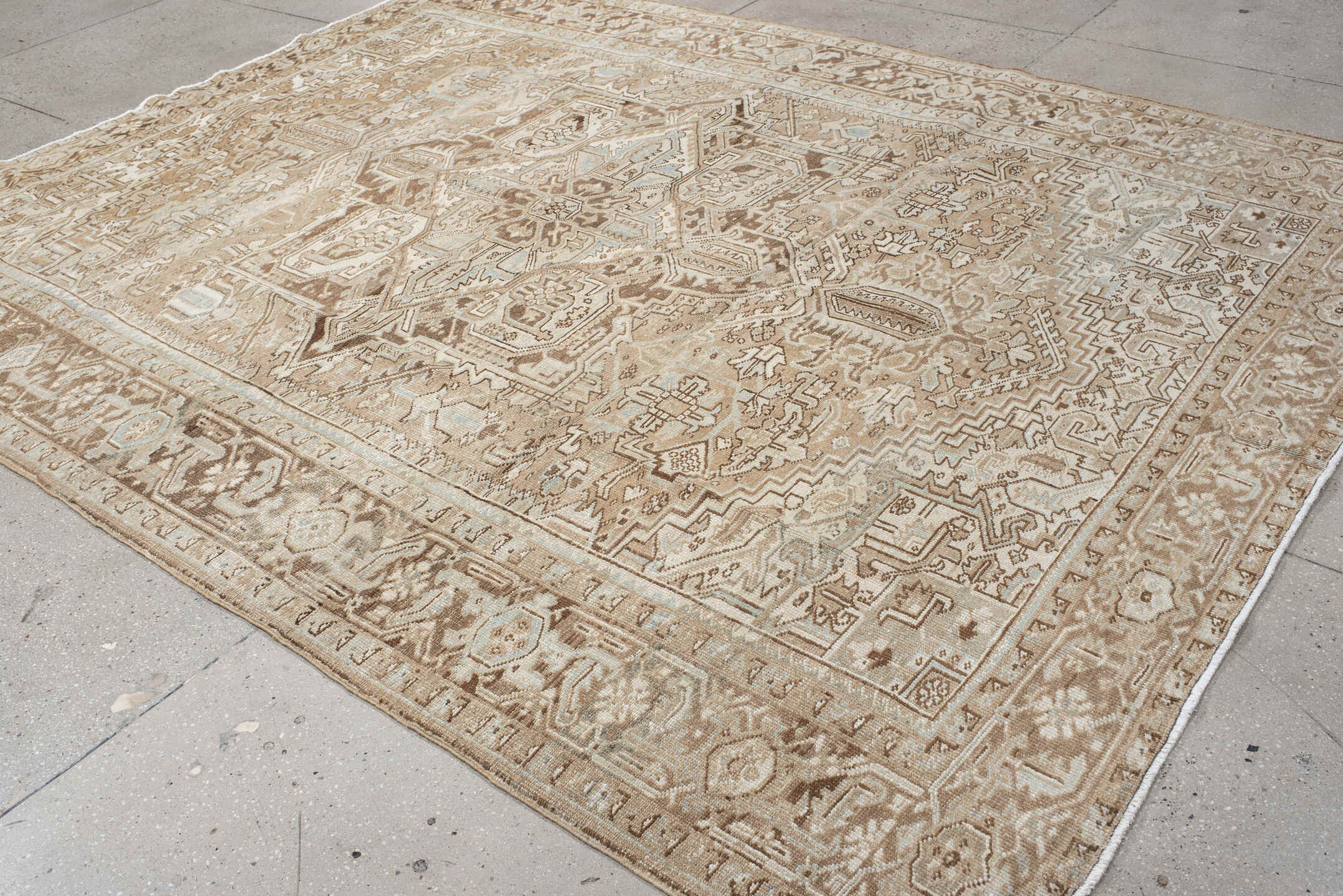 8' x 10' one-of-a-kind handmade vintage Heriz large size rug. Color palette: taupe, ivory, beige, brown, pale blue, gray