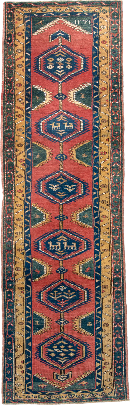 3' x 10' one-of-a-kind handmade vintage NW Persian runner rug. Color palette: rose, indigo, ivory, gold, teal, rust, pink