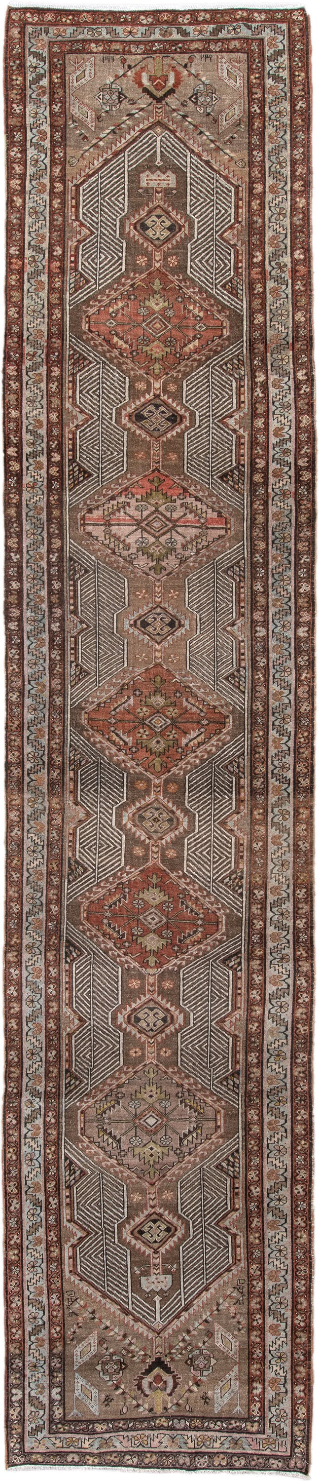 3' x 14' one-of-a-kind handmade vintage Sarab runner rug. Color palette: taupe, rust, ivory, brown, camel, charcoal, rose