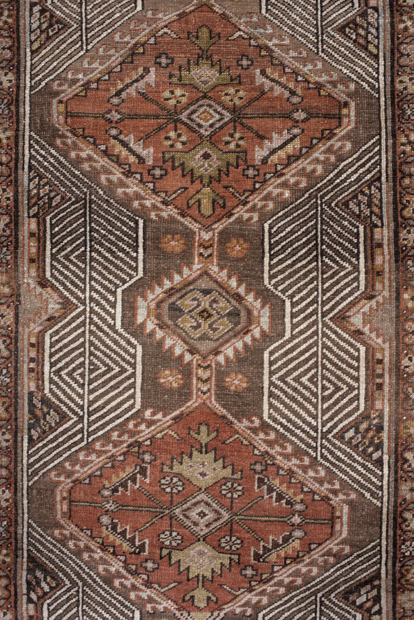 3' x 14' one-of-a-kind handmade vintage Sarab runner rug. Color palette: taupe, rust, ivory, brown, camel, charcoal, rose