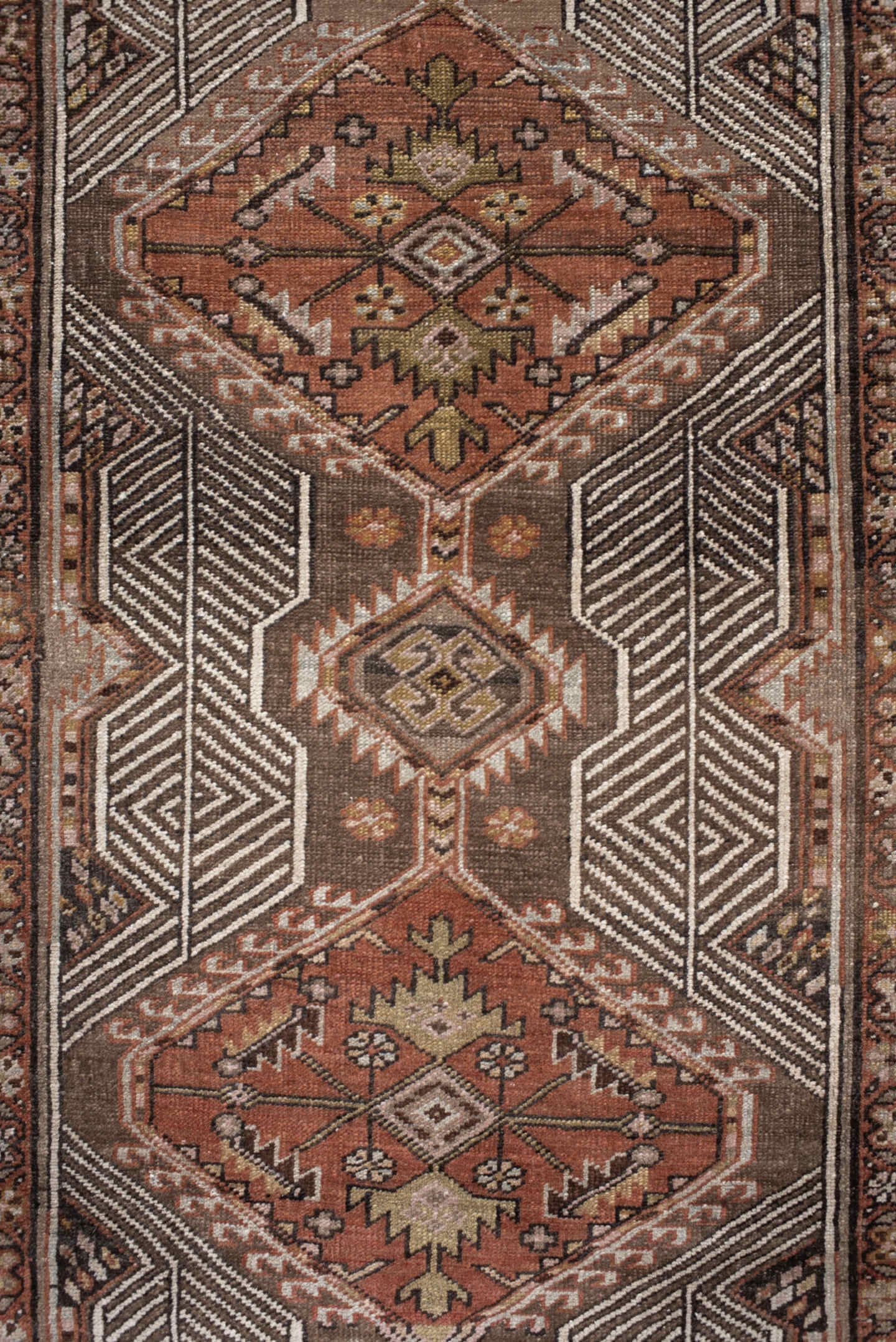 3' x 14' one-of-a-kind handmade vintage Sarab runner rug. Color palette: taupe, rust, ivory, brown, camel, charcoal, rose