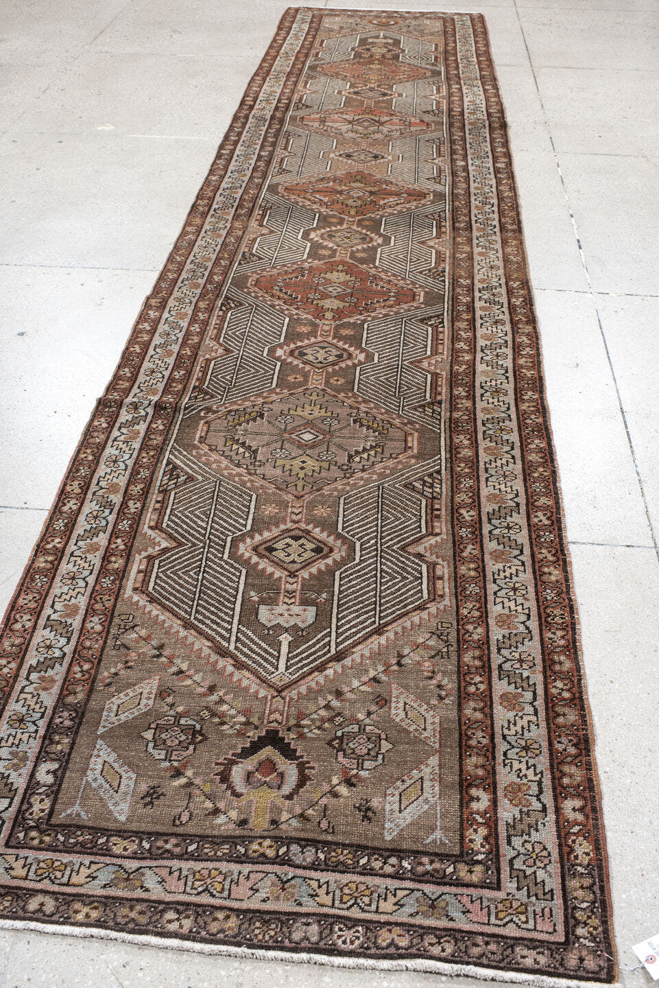3' x 14' one-of-a-kind handmade vintage Sarab runner rug. Color palette: taupe, rust, ivory, brown, camel, charcoal, rose
