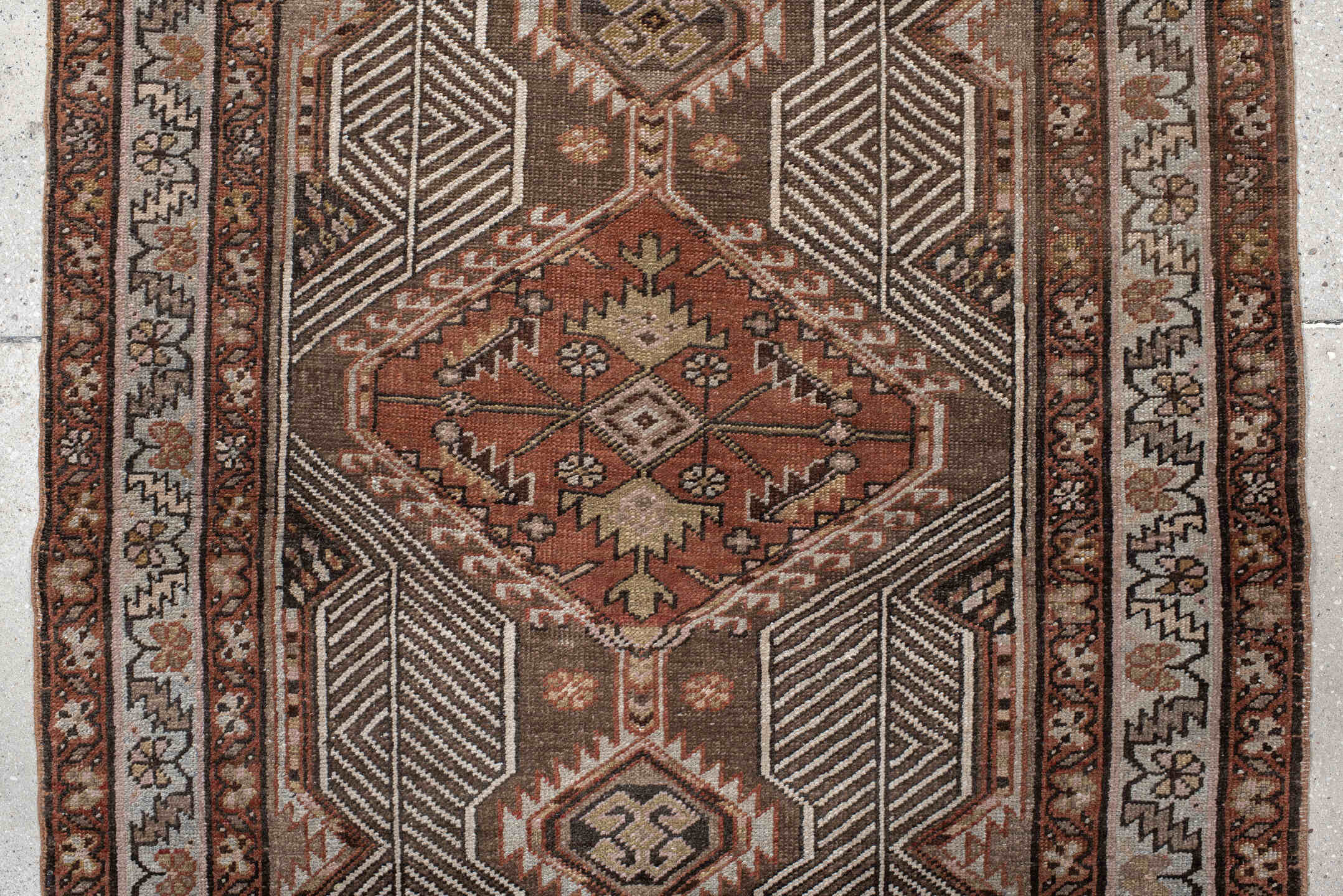 3' x 14' one-of-a-kind handmade vintage Sarab runner rug. Color palette: taupe, rust, ivory, brown, camel, charcoal, rose