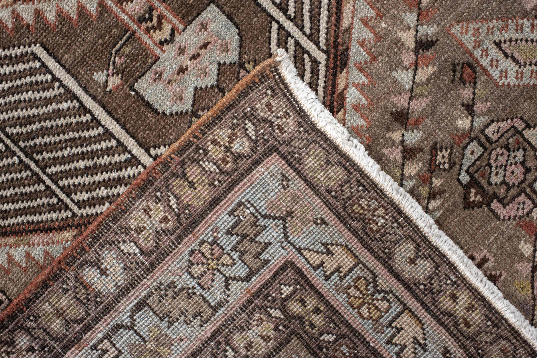 3' x 14' one-of-a-kind handmade vintage Sarab runner rug. Color palette: taupe, rust, ivory, brown, camel, charcoal, rose