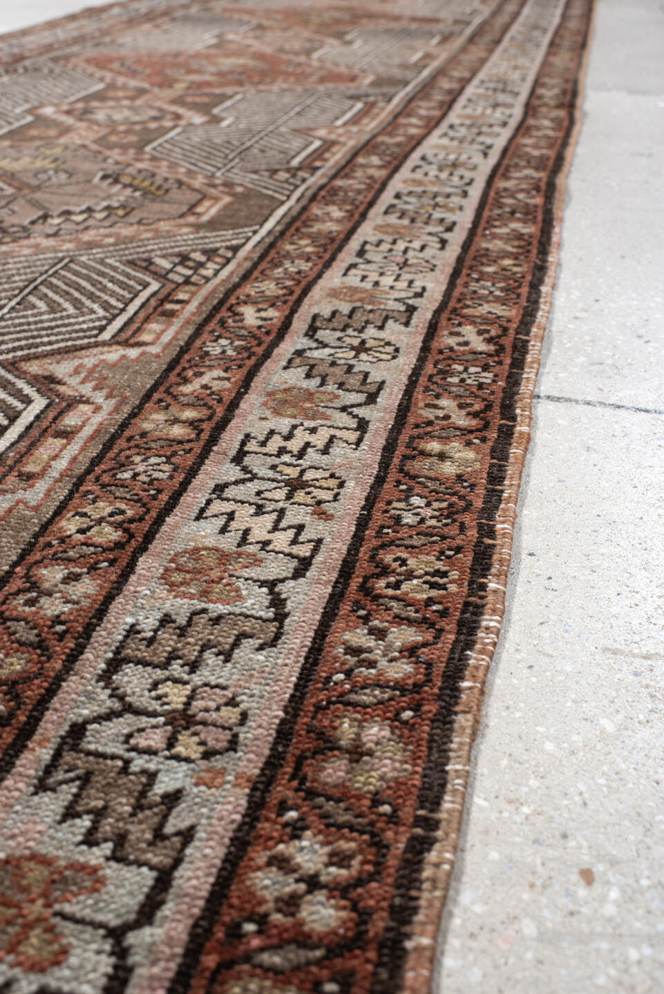 3' x 14' one-of-a-kind handmade vintage Sarab runner rug. Color palette: taupe, rust, ivory, brown, camel, charcoal, rose