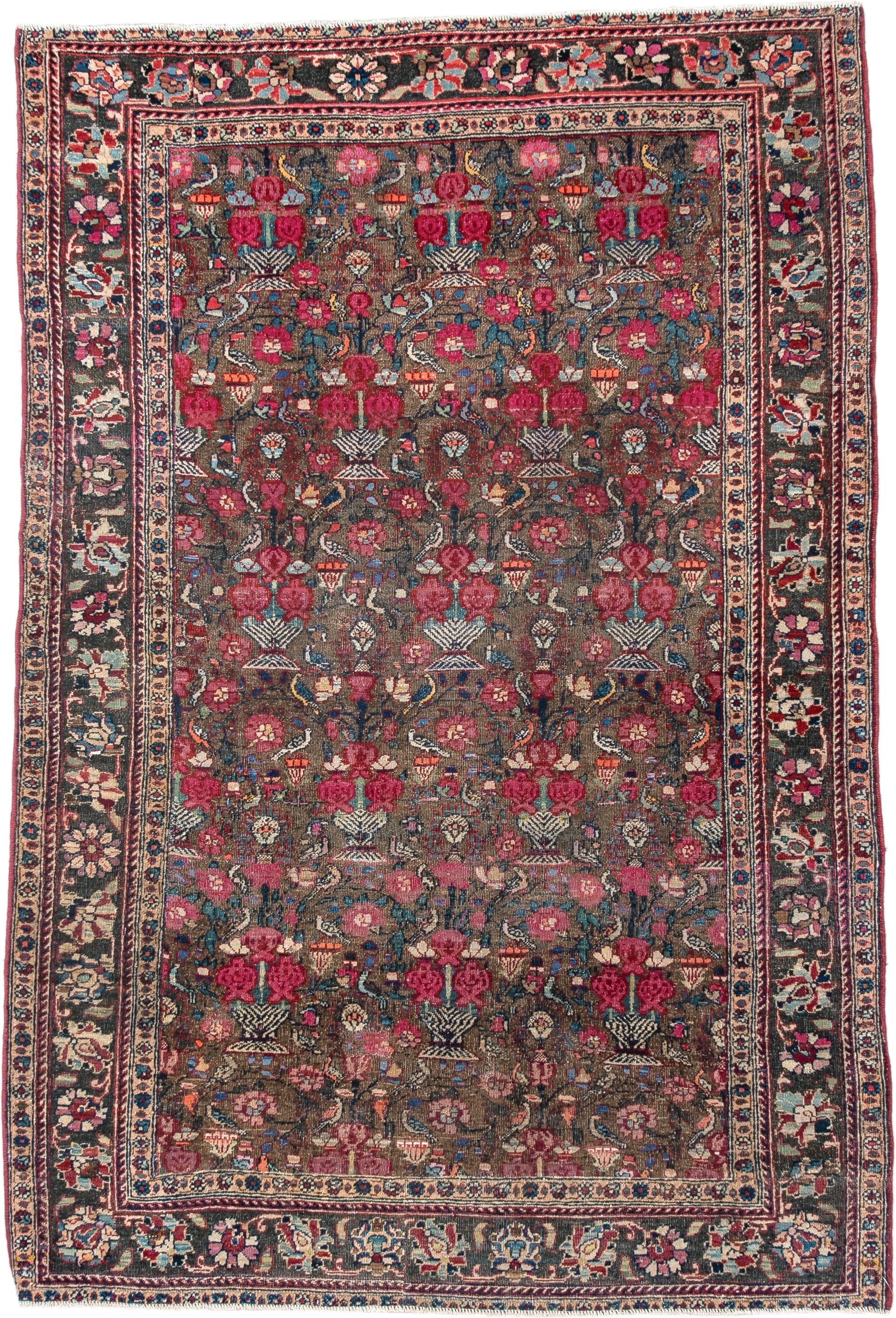 3' x 4' one-of-a-kind handmade vintage Sarouk small size rug. Color palette: brown, rose, ivory, navy, slate, crimson, camel
