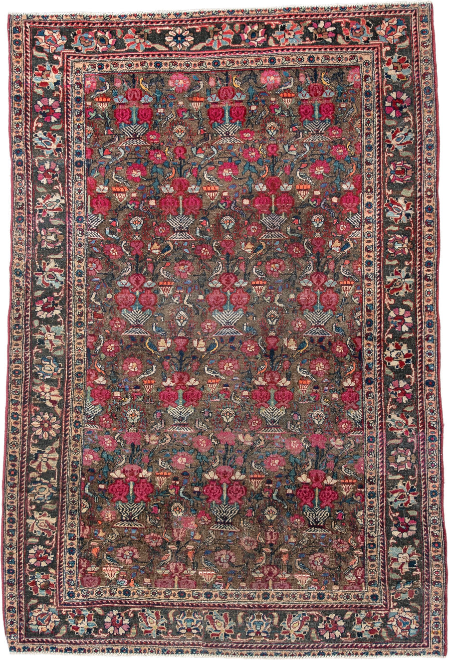 3' x 4' one-of-a-kind handmade vintage Sarouk small size rug. Color palette: brown, rose, ivory, navy, slate, crimson, camel