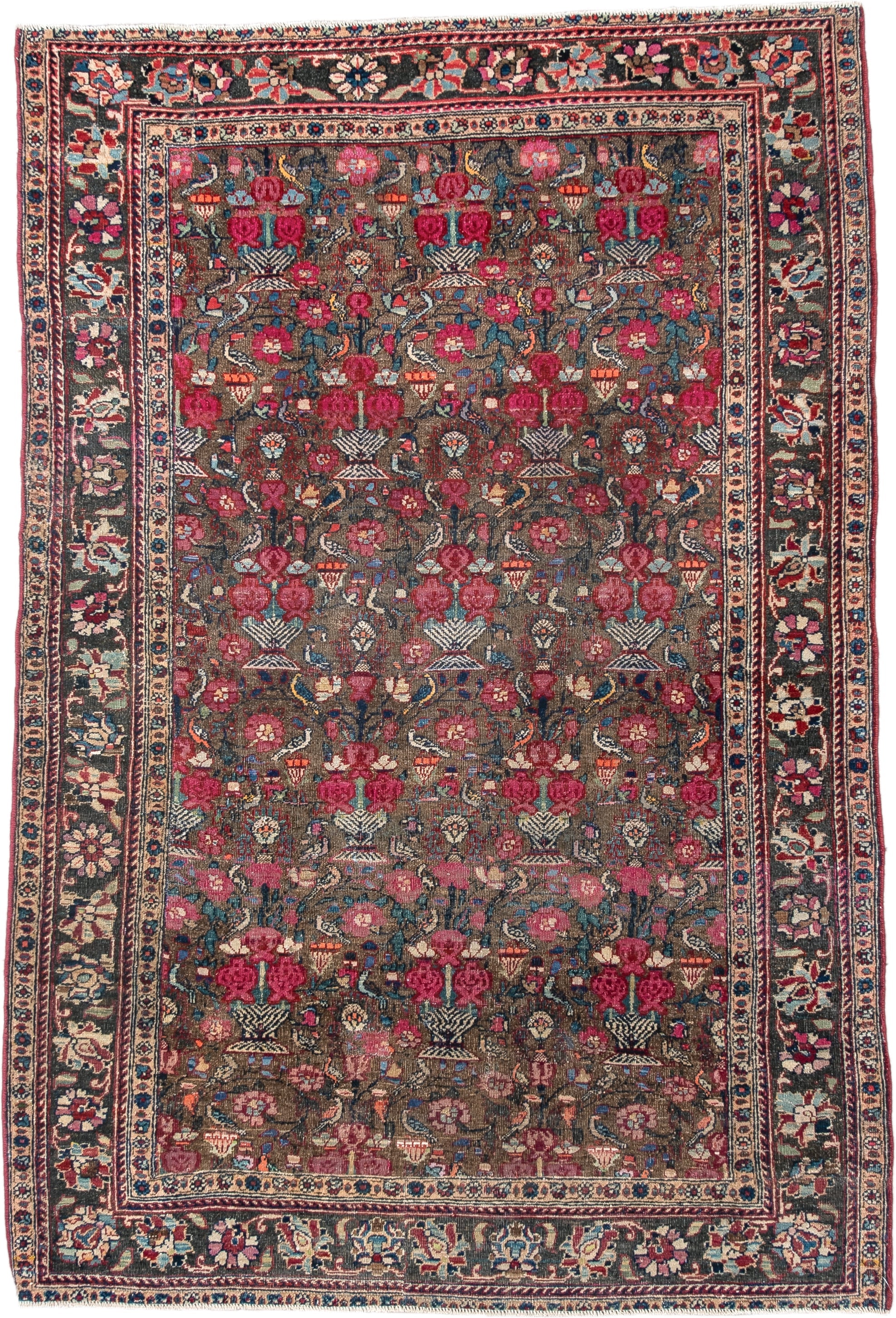3' x 4' one-of-a-kind handmade vintage Sarouk small size rug. Color palette: brown, rose, ivory, navy, slate, crimson, camel
