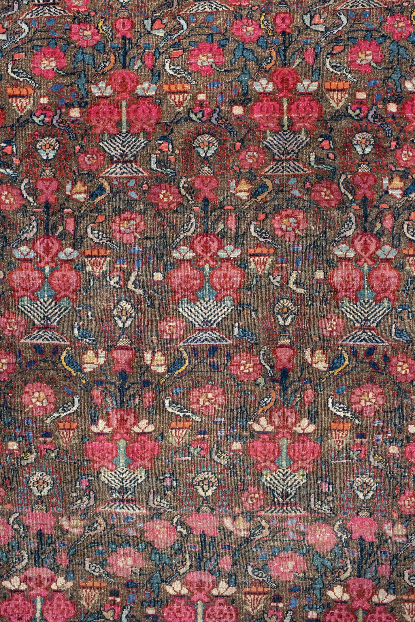 3' x 4' one-of-a-kind handmade vintage Sarouk small size rug. Color palette: brown, rose, ivory, navy, slate, crimson, camel