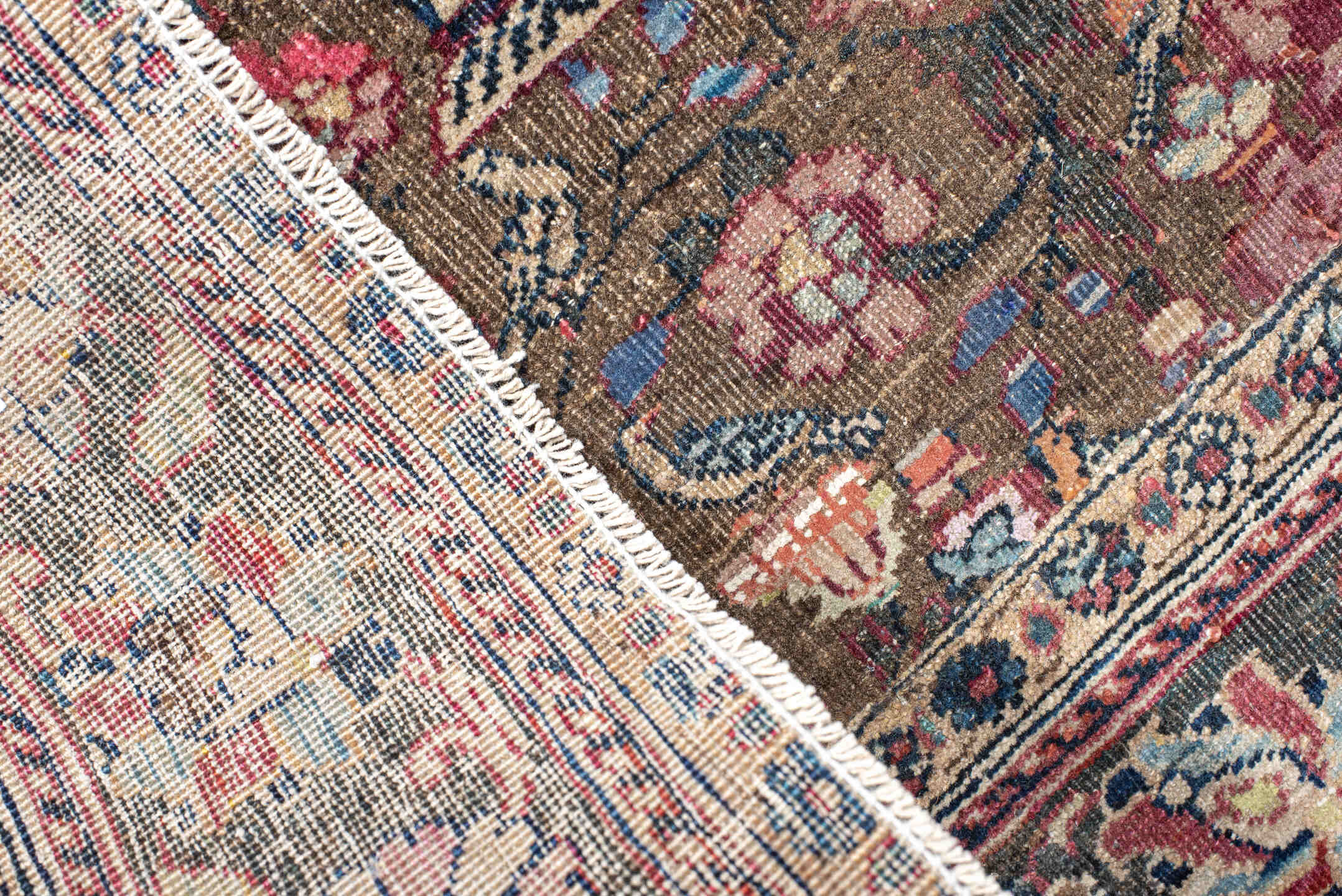 3' x 4' one-of-a-kind handmade vintage Sarouk small size rug. Color palette: brown, rose, ivory, navy, slate, crimson, camel