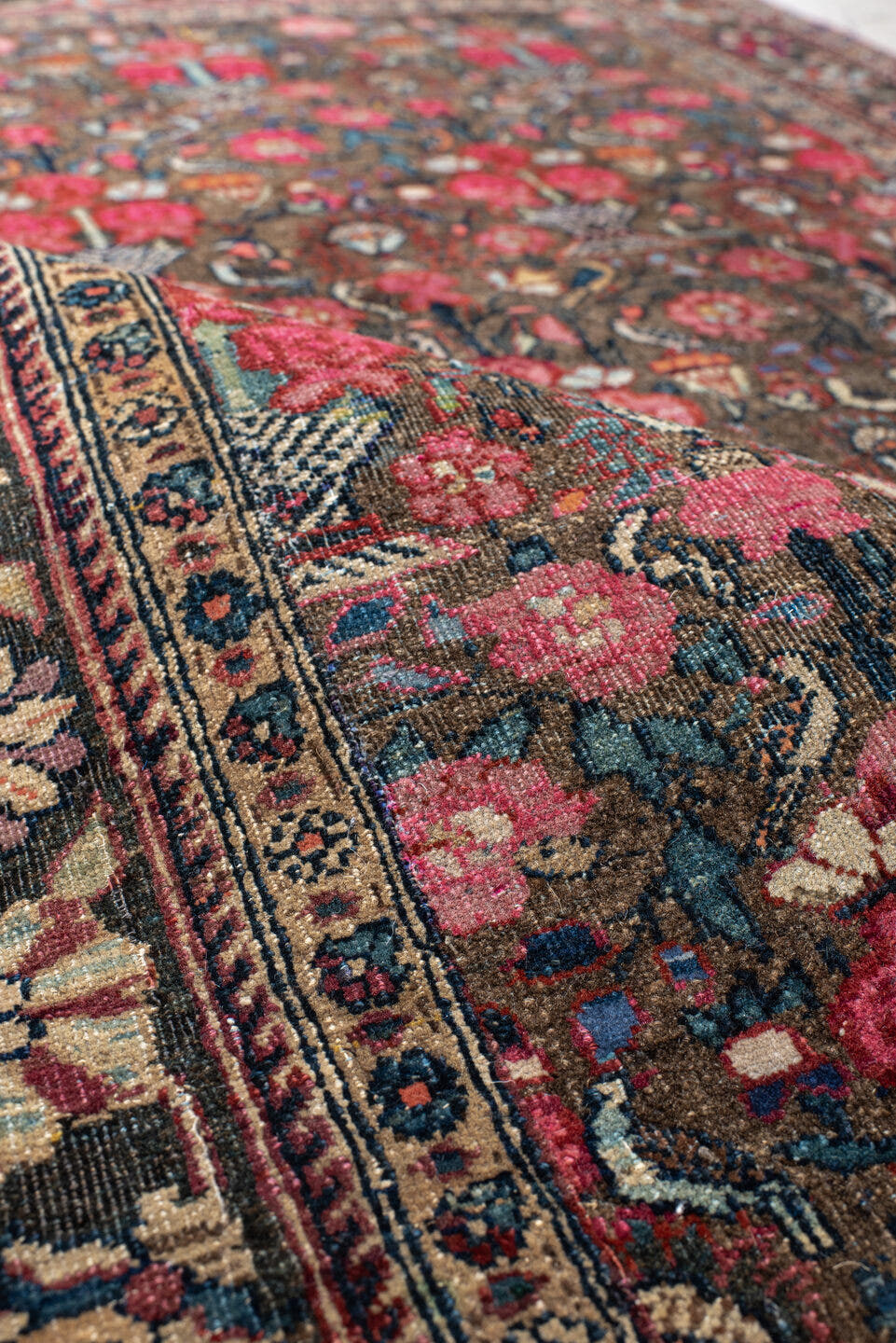 3' x 4' one-of-a-kind handmade vintage Sarouk small size rug. Color palette: brown, rose, ivory, navy, slate, crimson, camel