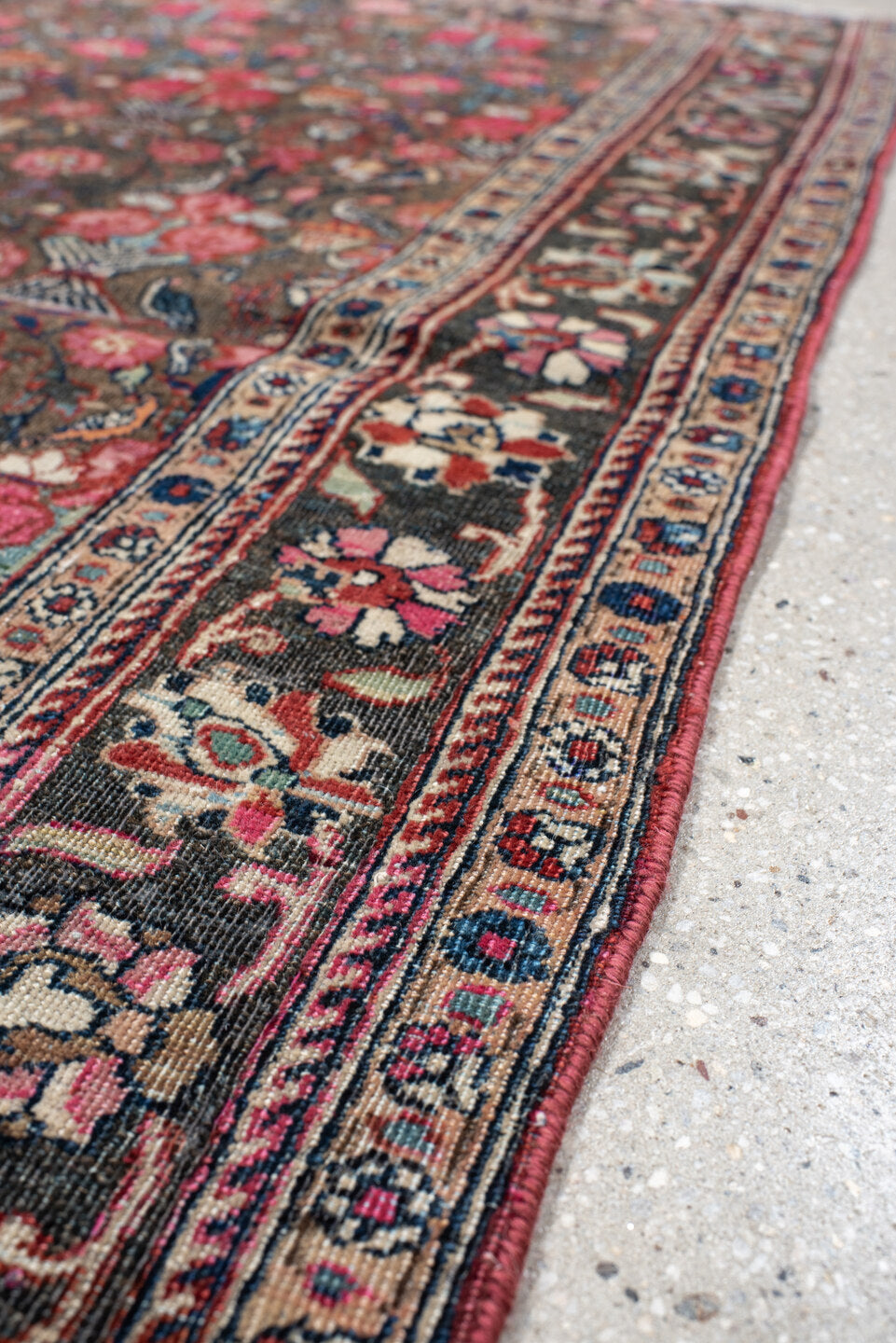 3' x 4' one-of-a-kind handmade vintage Sarouk small size rug. Color palette: brown, rose, ivory, navy, slate, crimson, camel