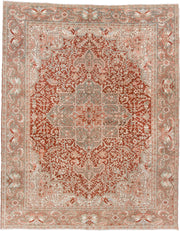 12' x 9' one-of-a-kind handmade vintage Heriz rug. Color palette: terracotta, ivory, pale blue, blue gray, camel, rust