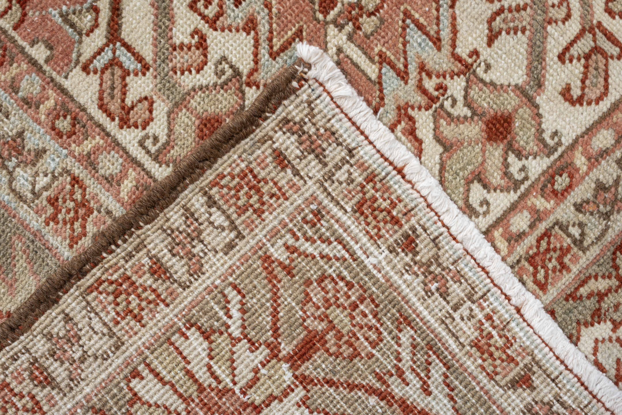 12' x 9' one-of-a-kind handmade vintage Heriz rug. Color palette: terracotta, ivory, pale blue, blue gray, camel, rust